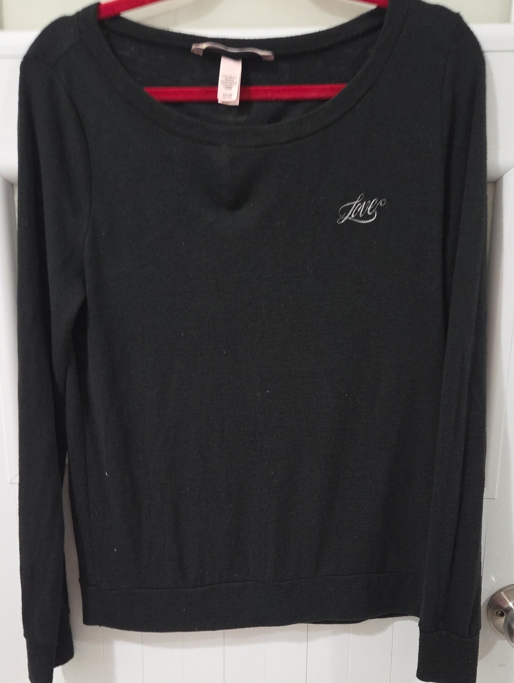 Victoria's Secret Black Long Sleeve Scoop Neck Top with 'Love' Embroidery
